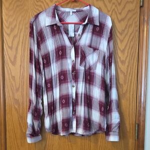Maurices Burgundy and White Plaid Shirt